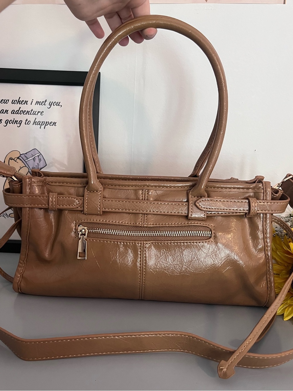 Tan Brown Patent Faux Leather Satchel Crossbody Shoulder Bag